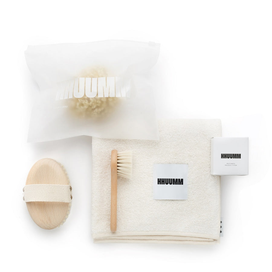 Gift Set: Soft Face and Body Brushes, Soy Candle, Towel and Sponge